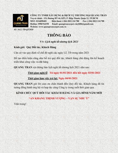 THÔNG BÁO LỊCH NGHỈ TẾT DƯƠNG LỊCH 2021